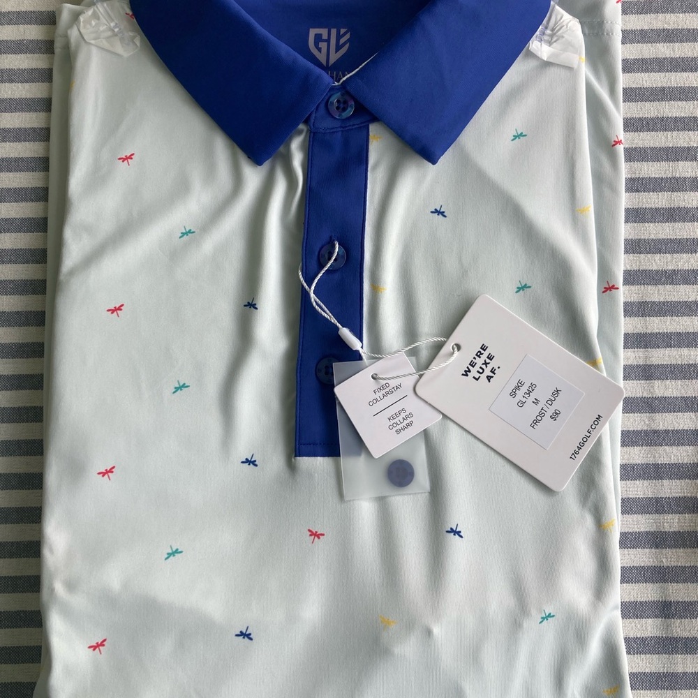 Graham Luxe Men's Blue White Multicolored Dragonfly Golf Polo Shirt Medium